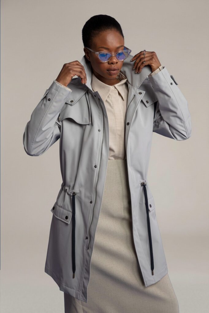 APA Parka Unisex For Her, waterproof parka in Parisian Grey, Navy Laces